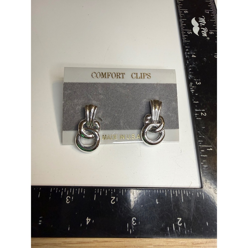 Comfort Clips Silver Tone Double Interlocking Hoop Clip On Earrings Made in USA